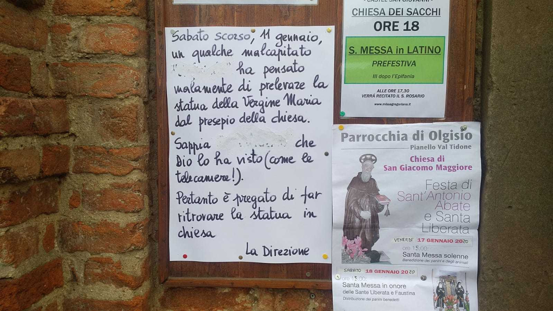 Rubata la statua della Madonna dal presepe della chiesa dei Sacchi